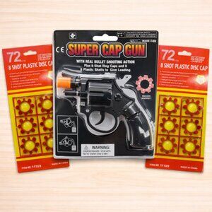 8 Ring Shot Cap Gun Black Novelty Police Pistol Revolver - 144 Shots Included